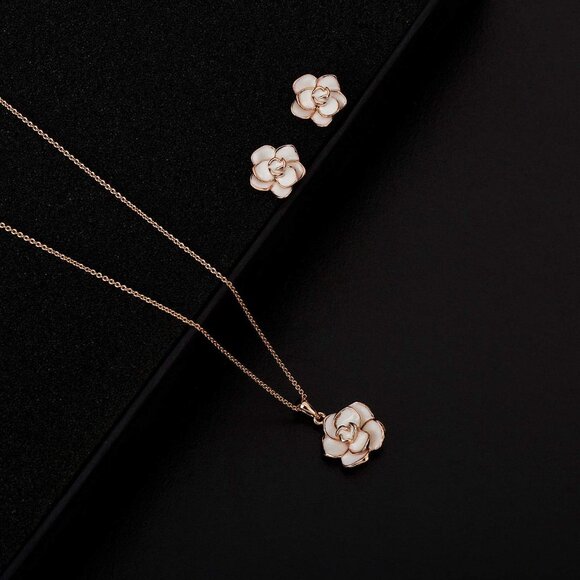 Rose Flower Necklace Earrings Set for Women 18K Gold Plated Hypoallergenic Jewel - Picture 3 of 8